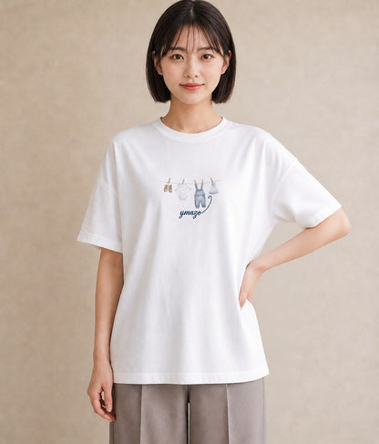 半袖Tシャツ レディース 洗濯物 風 ナチュラル アンティーク イラスト お洒落 レイヤード 友達ギフト 白T