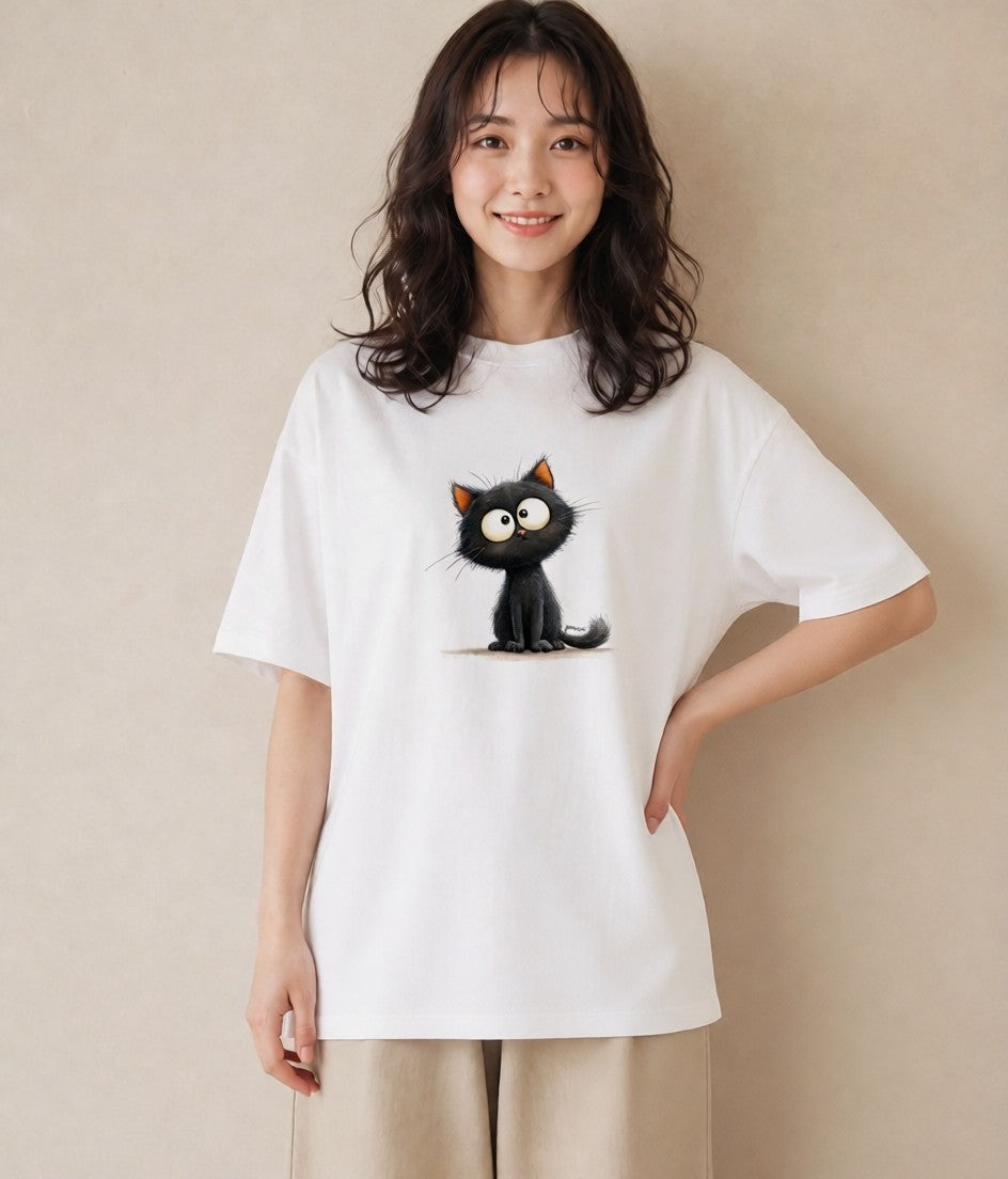 グラフィックTシャツ レディース 黒猫 猫 ねこ イラスト 20代 カジュアルコーデ 白T