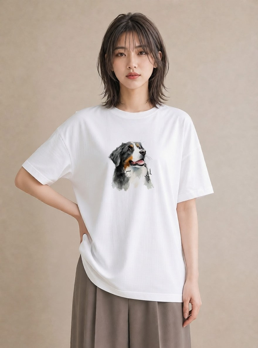 デザインTシャツ レディース バーニーズマウンテンドッグ 犬 いぬ イラスト 北欧風 ミセス 春コーデ 白T
