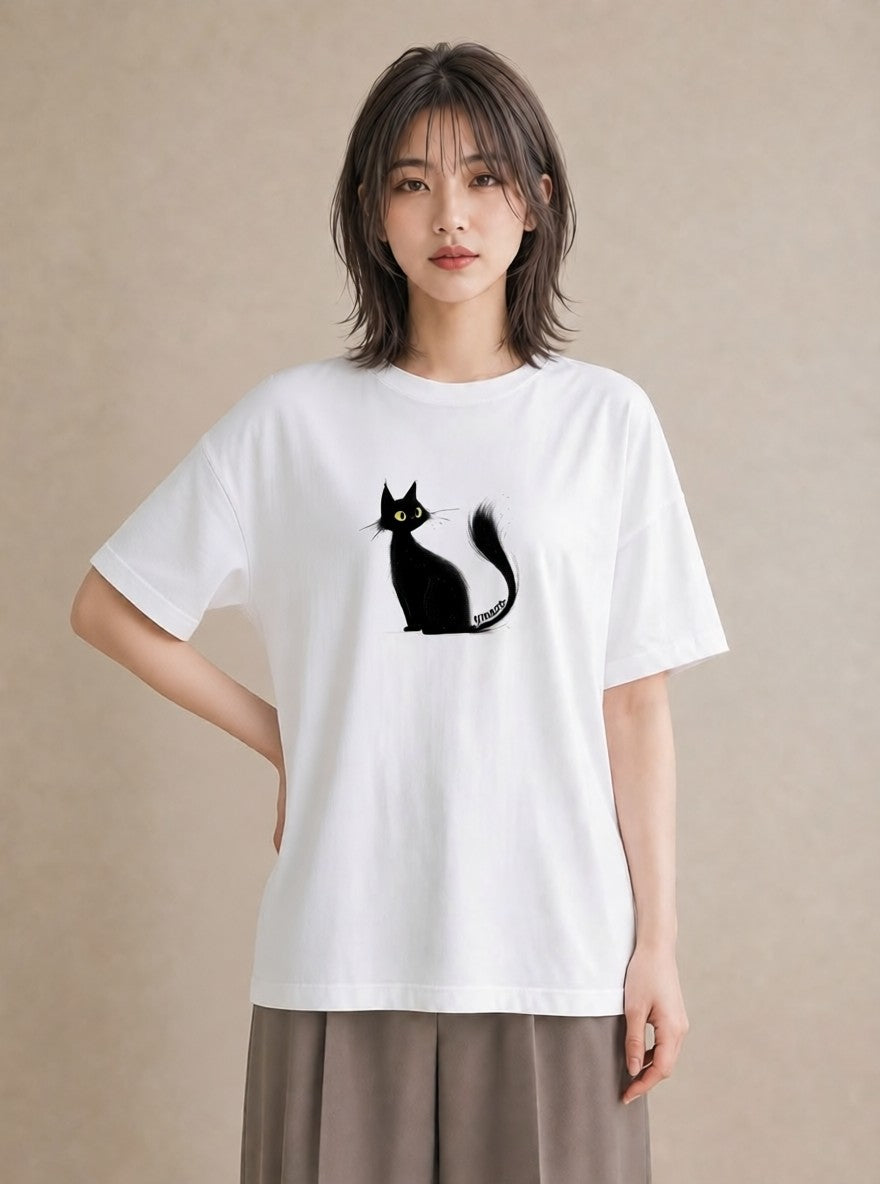 Tシャツ レディース 黒猫 猫 ねこ イラスト 上品 週末コーデ 敬老の日 白T