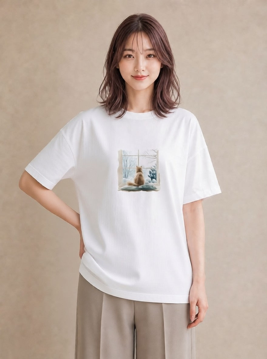 プリントTシャツ レディース 窓辺の椅子 窓辺 椅子 ナチュラル アンティーク イラスト ゆるかわ 通学 誕生日プレゼント 白T