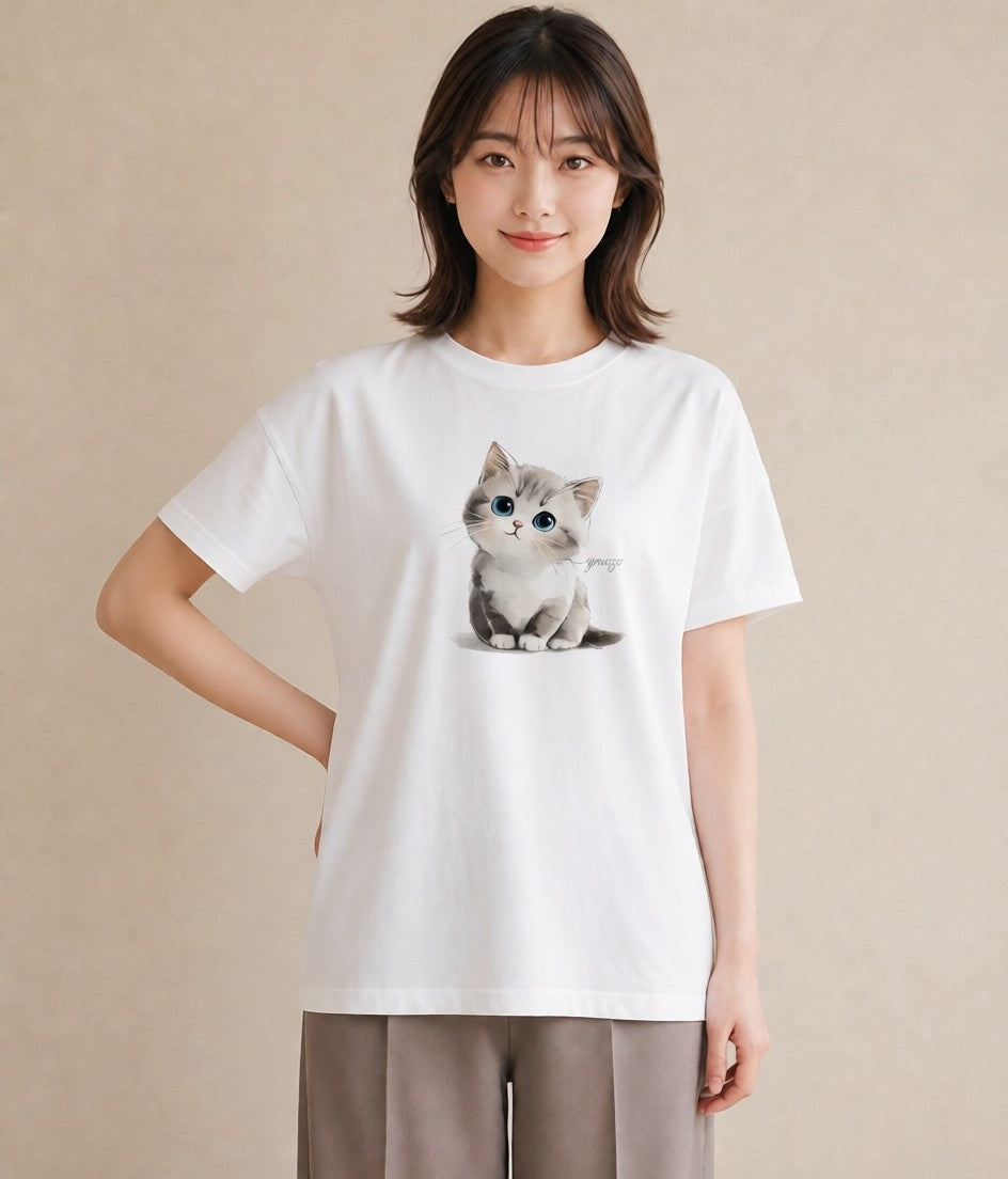 グラフィックTシャツ レディース おすわり猫 猫 ねこ イラスト 北欧風 カジュアルコーデ 買い物 白T