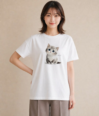 グラフィックTシャツ レディース おすわり猫 猫 ねこ イラスト 北欧風 カジュアルコーデ 買い物 白T