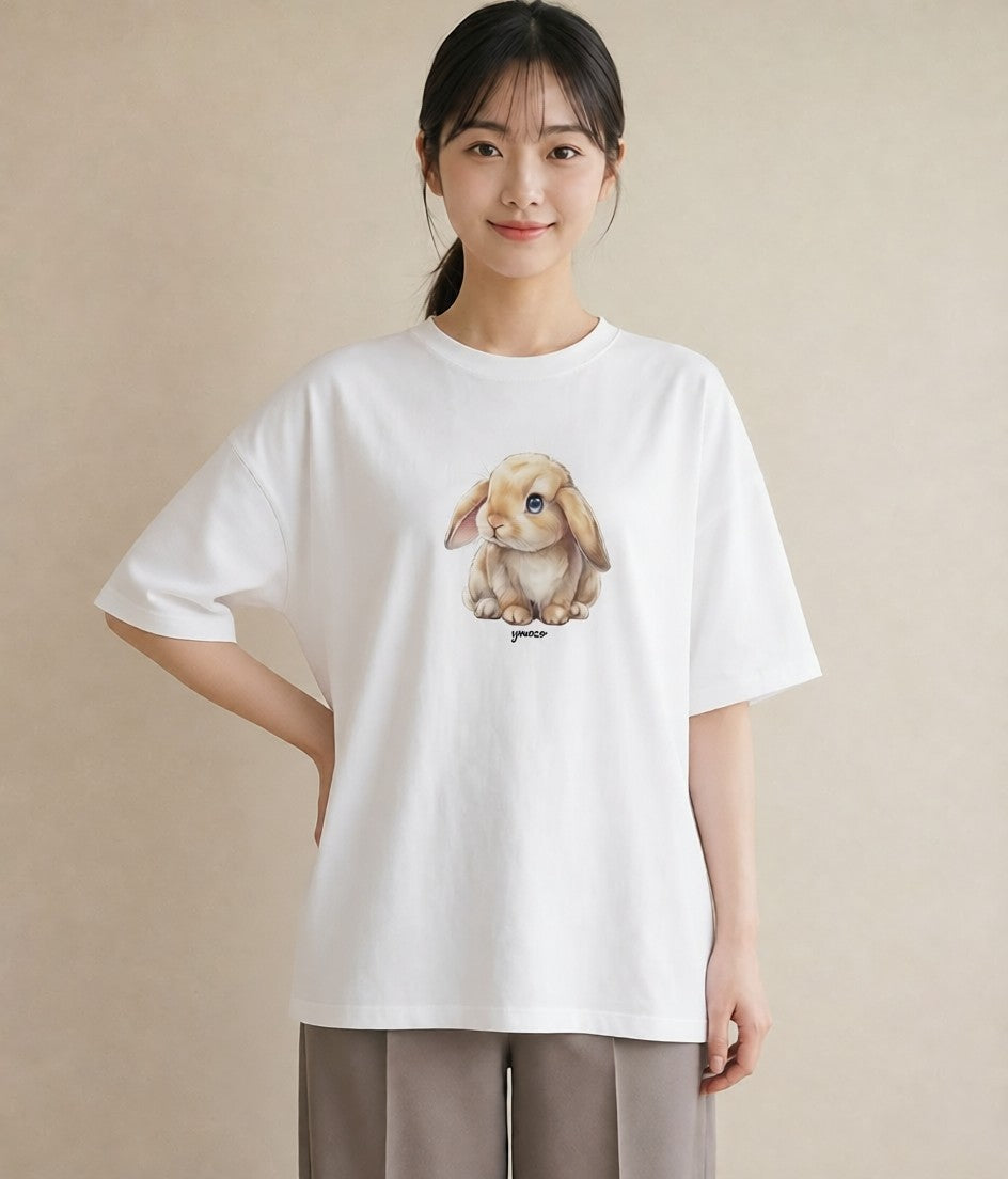 プリントTシャツ レディース ライオンラビット ペット 動物 イラスト ゆるコーデ 普段着 週末コーデ 白T