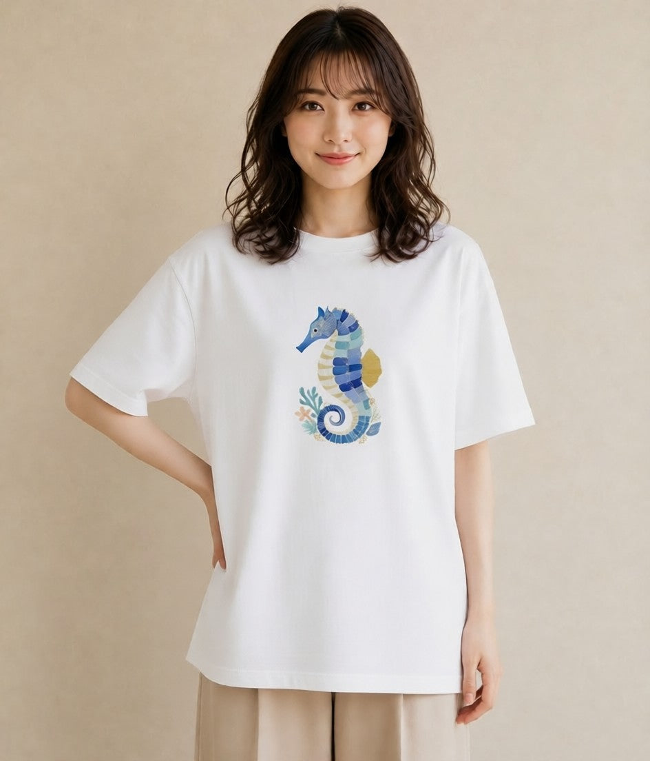 半袖Tシャツ レディース タツノオトシゴ 海の生き物 海 イラスト ミニマル お揃い 親子 白T