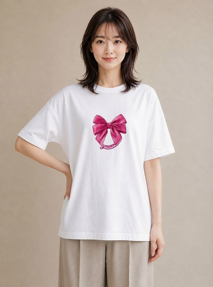 半袖Tシャツ レディース リボン 蝶結び ナチュラル アンティーク イラスト ヴィンテージ風 母の日 ビーチ 白T