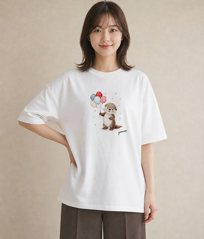 デザインTシャツ レディース カワウソ 動物 アニマル イラスト 旅行コーデ 旅行 母娘コーデ 白T