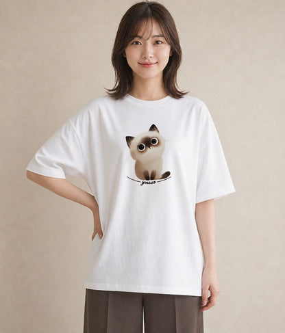 グラフィックTシャツ レディース スコティッシュフォールド 猫 ねこ イラスト シンプル ホワイトデー 春服 白T