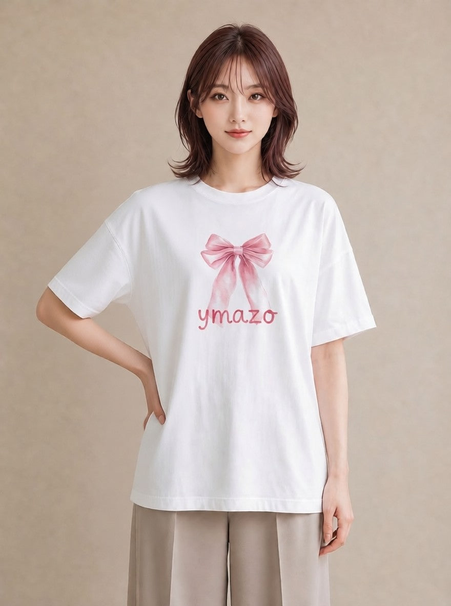 プリントTシャツ レディース リボン 蝶結び ナチュラル アンティーク イラスト フェミニン 休日 ペアコーデ 白T
