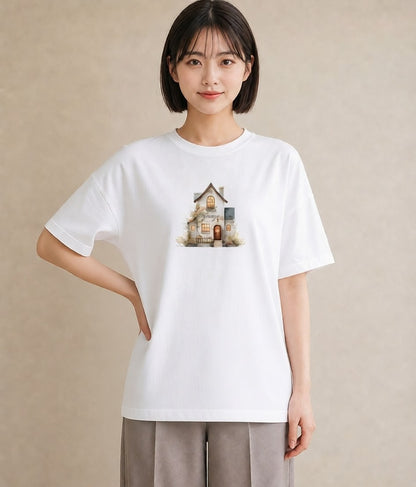 グラフィックTシャツ レディース 灯りの家 小屋 夜 ナチュラル アンティーク イラスト ラフ 女性向けギフト 散歩 白T