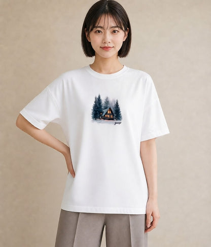 グラフィックTシャツ レディース 湖畔の小屋 湖 小屋 ナチュラル アンティーク イラスト ゆるかわ レイヤード 友達ギフト 白T