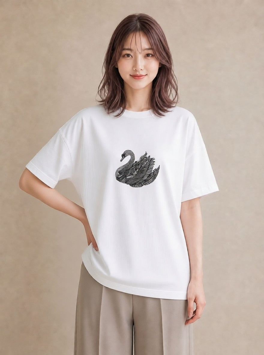 Tシャツ レディース ハクチョウ 動物 アニマル イラスト 夏コーデ 通学 白T