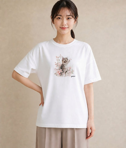プリントTシャツ レディース ねこ 猫 ネコ イラスト 休日コーデ 友達ギフト 部屋着 白T