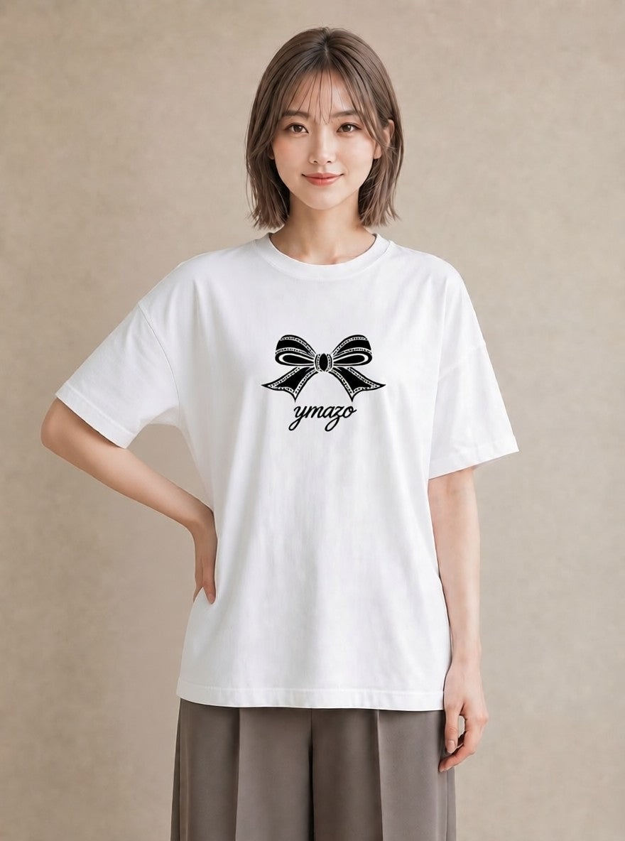 プリントTシャツ レディース リボン 蝶結び ナチュラル アンティーク イラスト カフェ服 クリスマス 白T