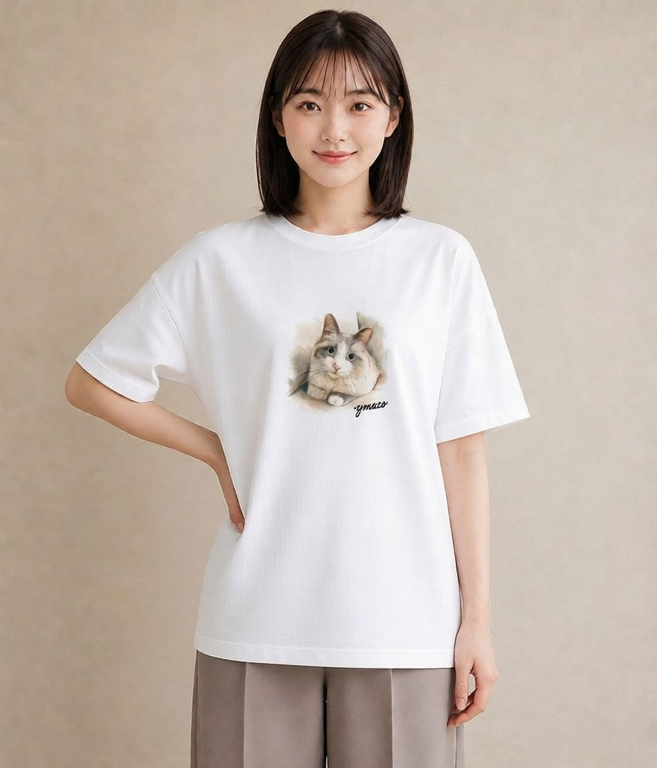 デザインTシャツ レディース サビ猫 猫 ねこ イラスト ボタニカル 休日 ペアコーデ 白T