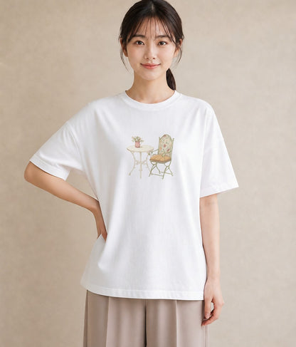 プリントTシャツ レディース 窓辺の椅子 窓辺 椅子 ナチュラル アンティーク イラスト ユニーク 女性 旅行用 白T