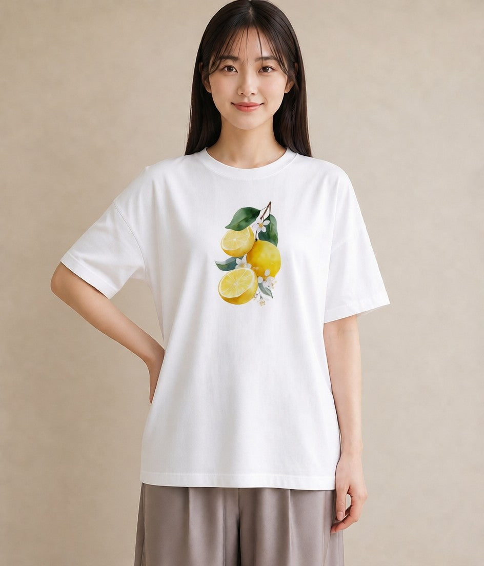 半袖Tシャツ レディース レモン 檸檬 食べ物 フード イラスト カフェコーデ 海 カフェ巡り 白T