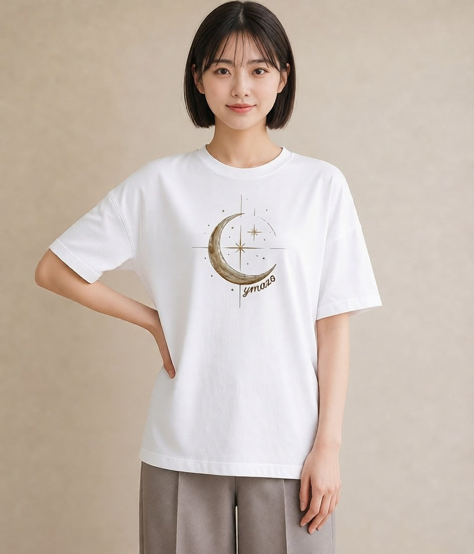 Tシャツ レディース 月と星 星空 ムーン イラスト シック お出かけ 普段着 白T