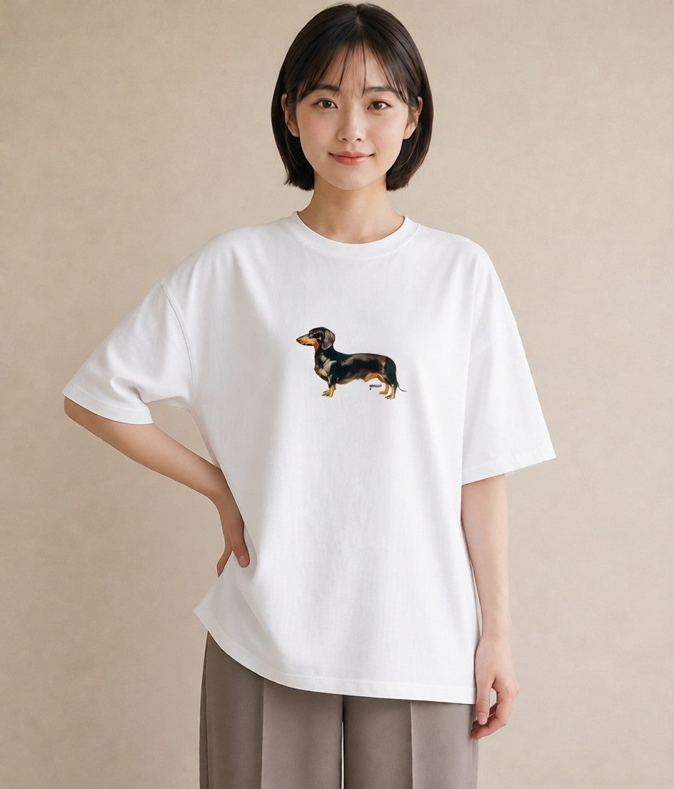 半袖Tシャツ レディース ミニチュアダックスフンド 犬 いぬ イラスト モード ルームウェア ギフト 白T