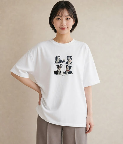 グラフィックTシャツ レディース ボーダーコリー 犬 いぬ イラスト 北欧風 カフェ服 クリスマス 白T