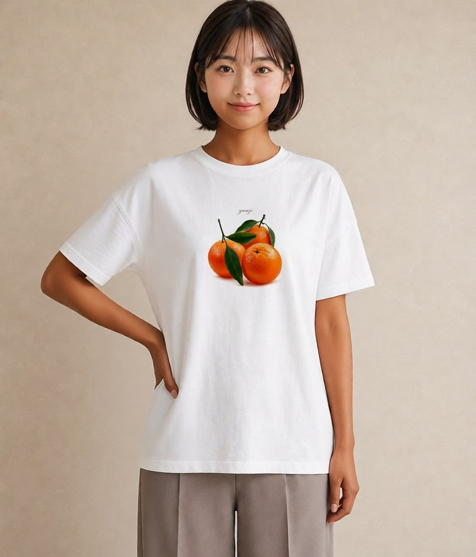 グラフィックTシャツ レディース みかん 食べ物 フード イラスト きれいめカジュアル 通勤 在宅 白T