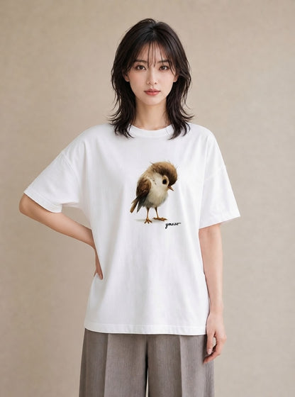 半袖Tシャツ レディース 文鳥 ペット 動物 イラスト 可愛い 旅行用 海 白T