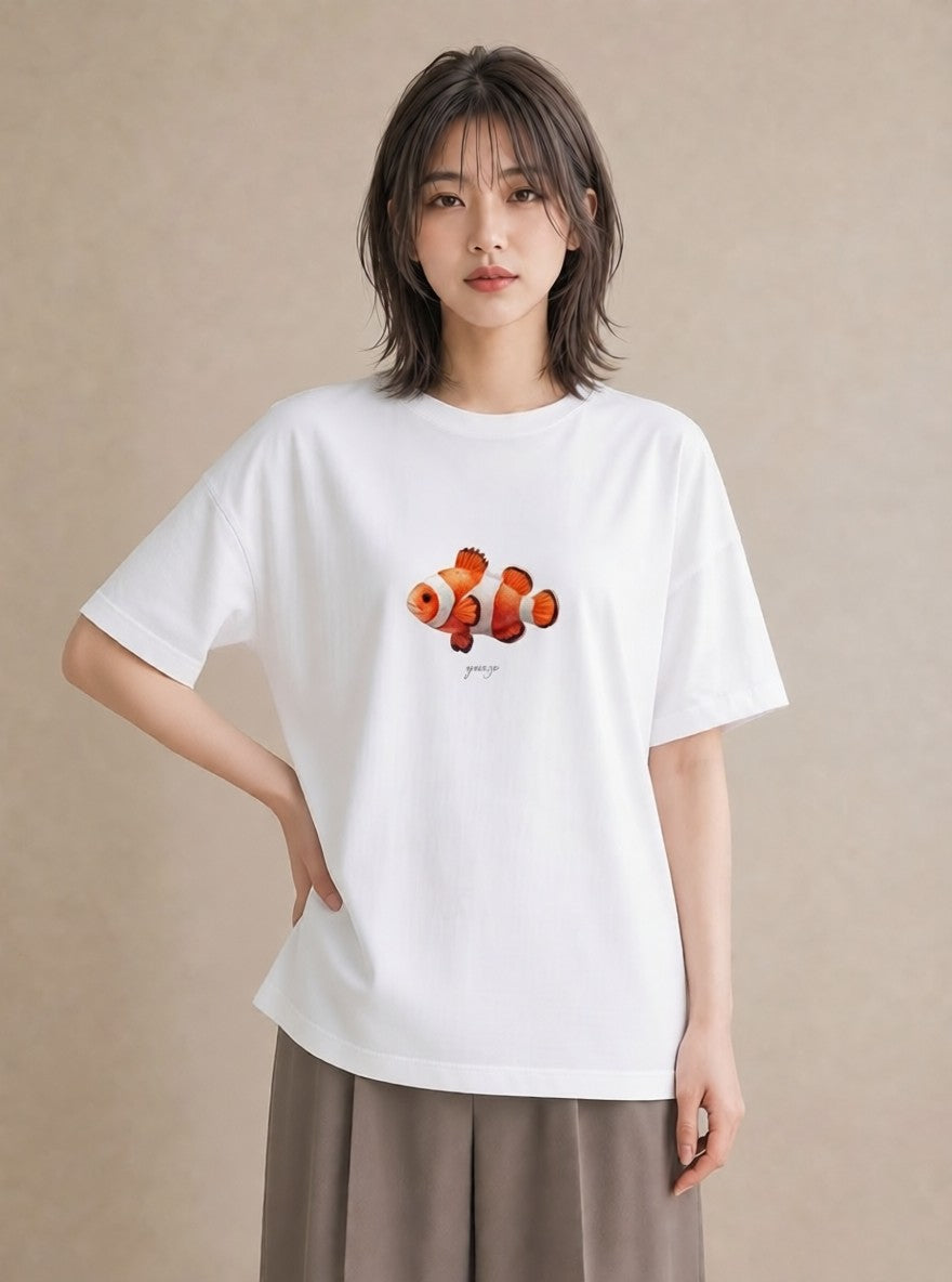 半袖Tシャツ レディース らんちゅう ペット 動物 イラスト 韓国風 カジュアルコーデ 買い物 白T