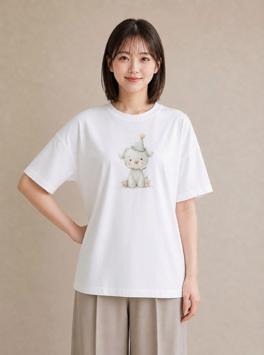グラフィックTシャツ レディース 子犬 犬 いぬ イラスト きれいめカジュアル 自分用 ルームウェア 白T