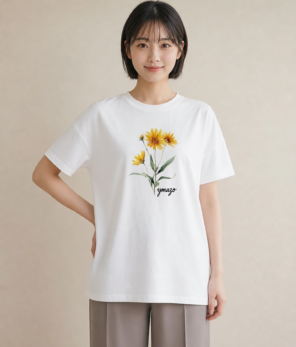 プリントTシャツ レディース ひまわり 向日葵 花 花柄 イラスト 普段使い 休日 ペアコーデ 白T