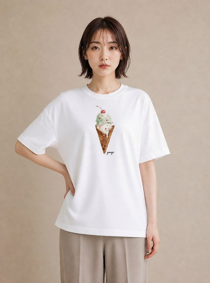 グラフィックTシャツ レディース パフェ 食べ物 フード イラスト 淡色 カフェ巡り 女子会 白T