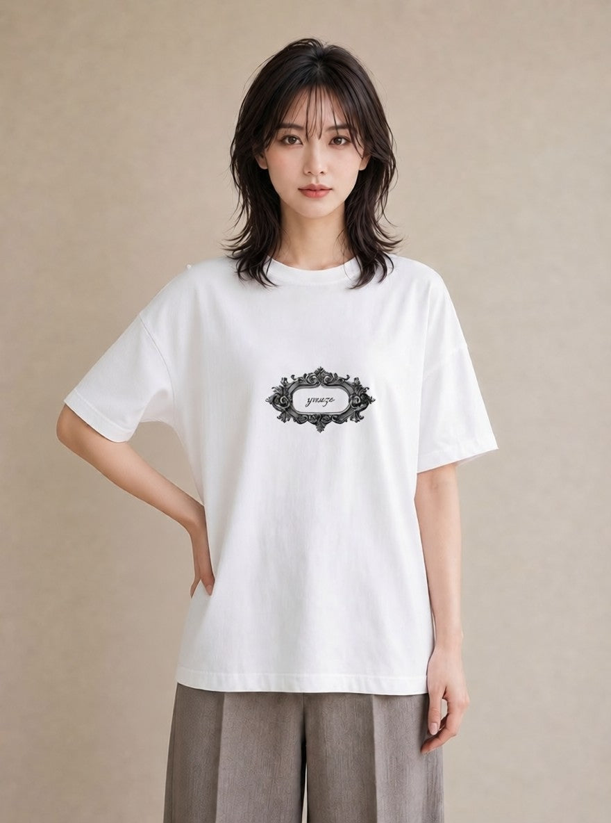 デザインTシャツ レディース 手鏡 アンティーク レトロ ナチュラル イラスト 休日コーデ ビーチ デイリーウェア 白T