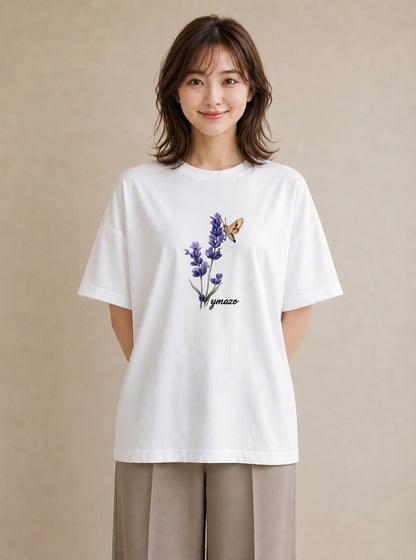 デザインTシャツ レディース ラベンダー 花 花柄 イラスト 線画 自分用 ルームウェア 白T