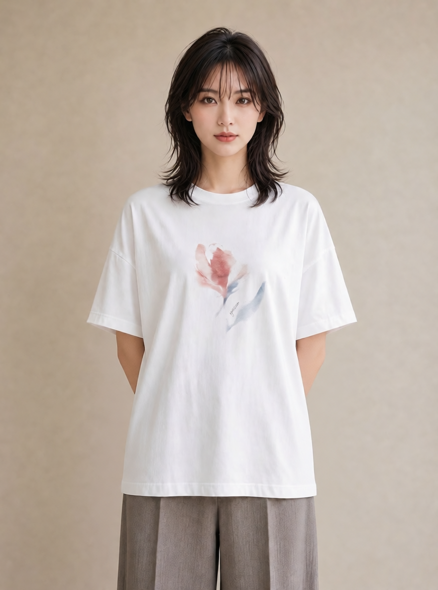 プリントTシャツ レディース チューリップ 花 花柄 イラスト ユニーク 在宅 公園 白T