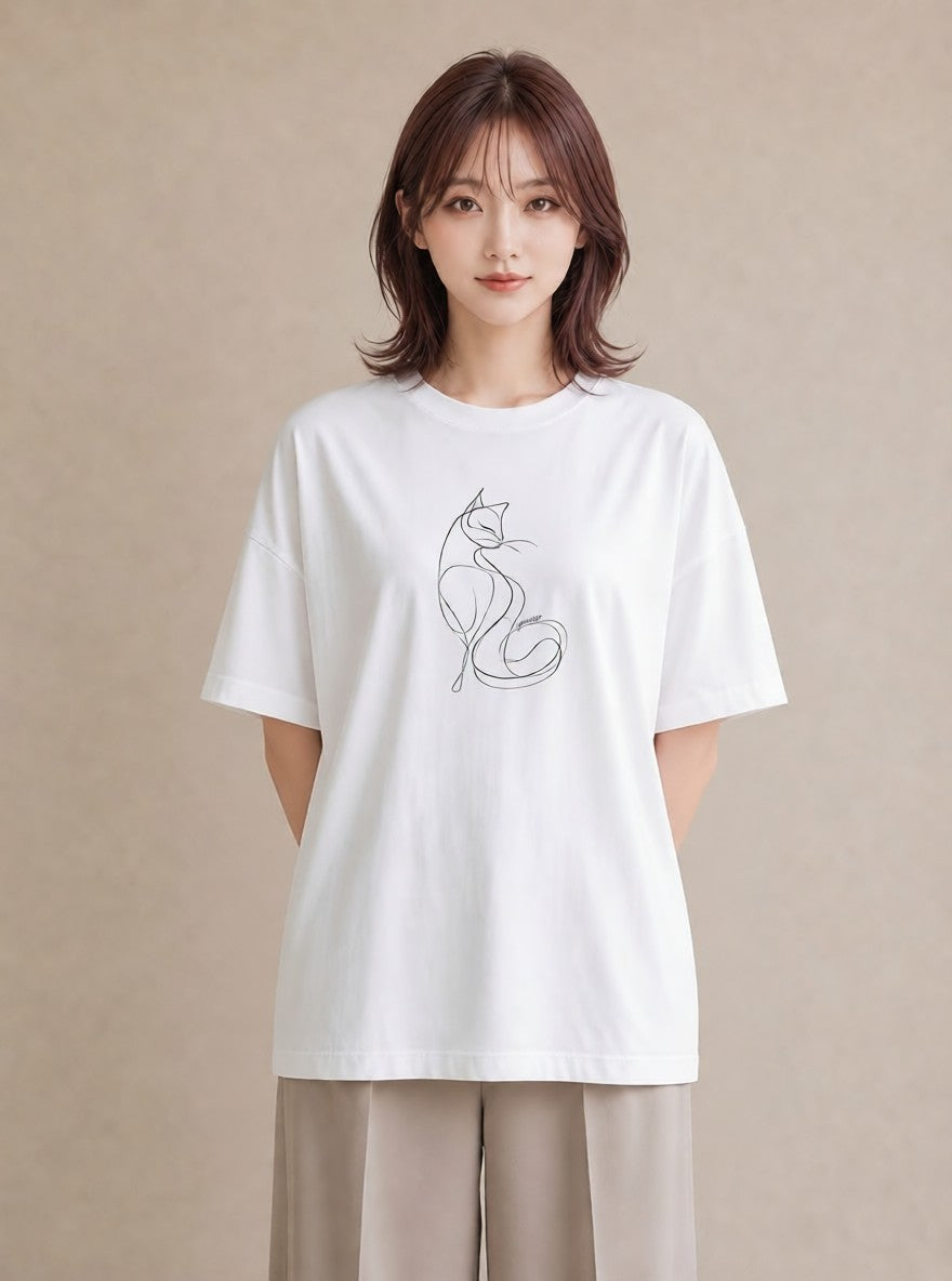 半袖Tシャツ レディース 猫 ねこ ネコ イラスト 休日コーデ 送別ギフト 通勤 白T