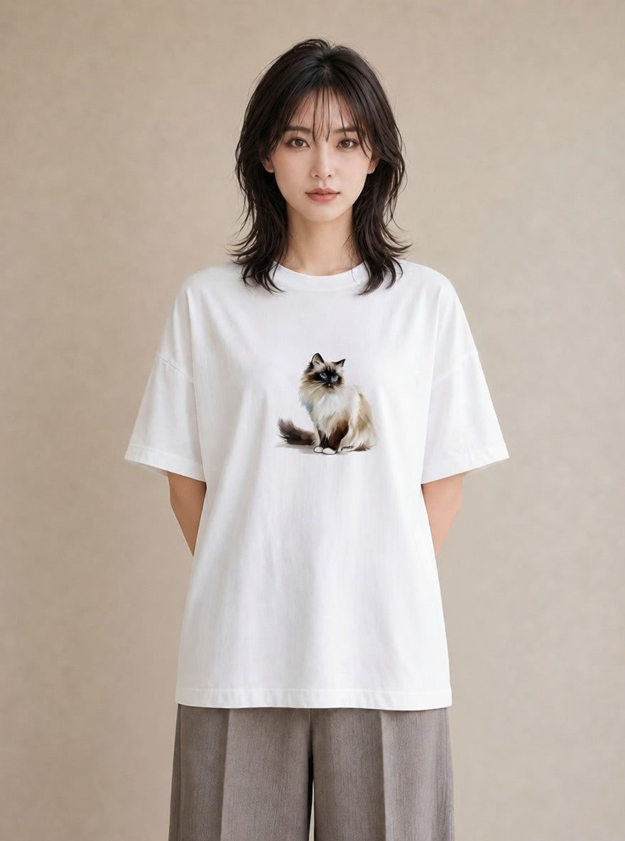 プリントTシャツ レディース おすわり猫 猫 ねこ イラスト フェミニン 普段着 週末コーデ 白T