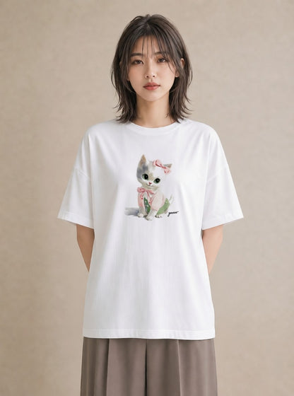 デザインTシャツ レディース 子猫 猫 ねこ イラスト 水彩風 自分用 ルームウェア 白T