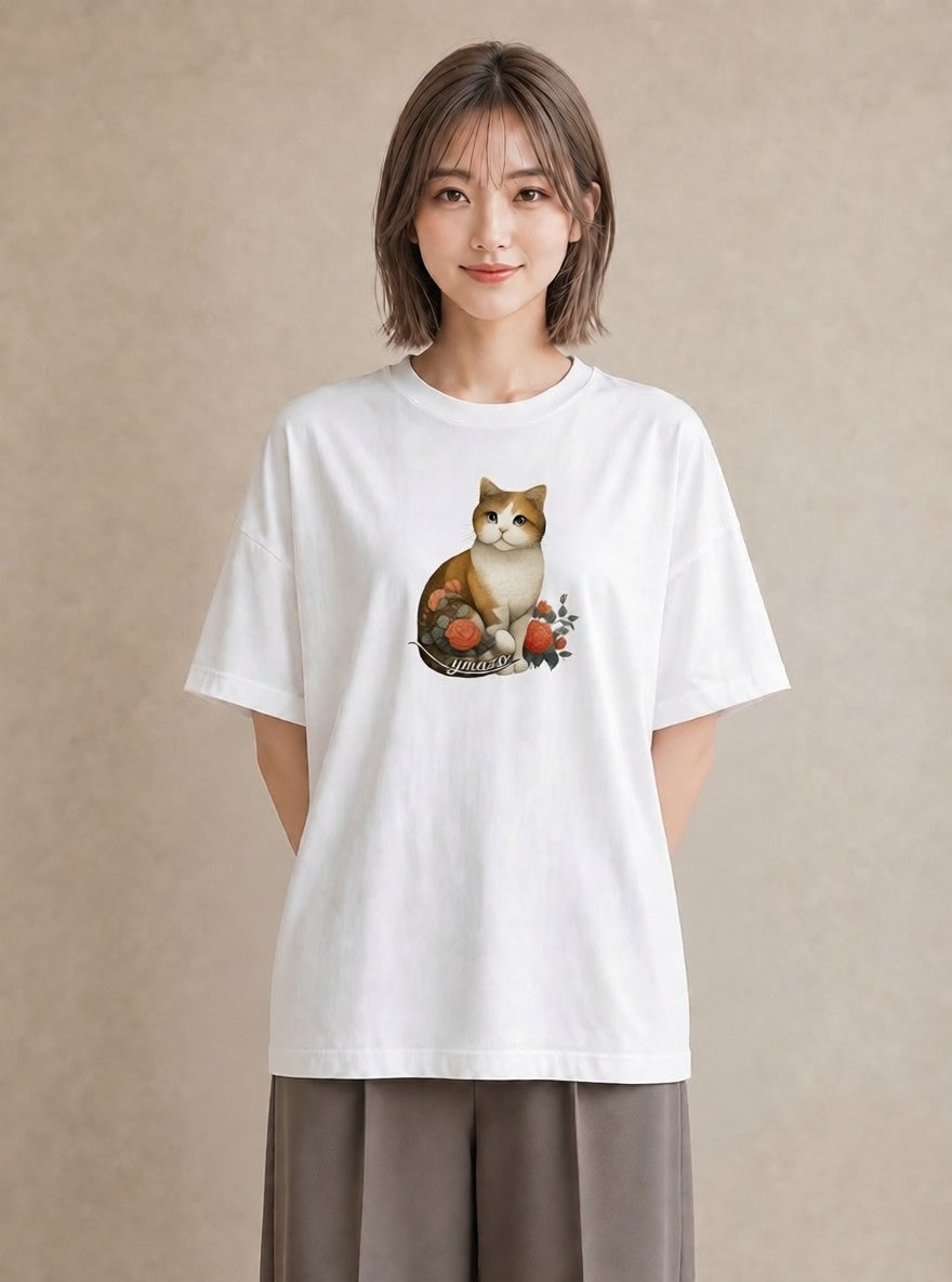 Tシャツ レディース 茶トラ 茶猫 猫 ねこ イラスト 水彩風 公園 ママ 白T