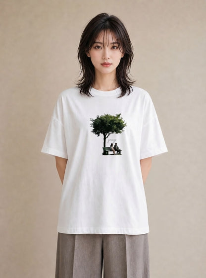 プリントTシャツ レディース 雨上がりのベンチ ベンチ ナチュラル アンティーク イラスト 水彩風 親子 20代 白T