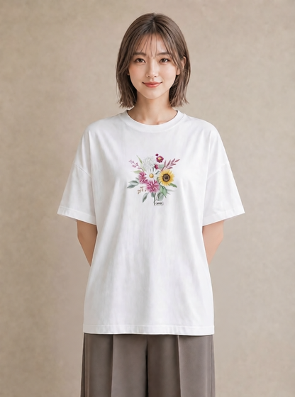 デザインTシャツ レディース ひまわり 向日葵 花 花柄 イラスト ナチュラル 母の日 ビーチ 白T