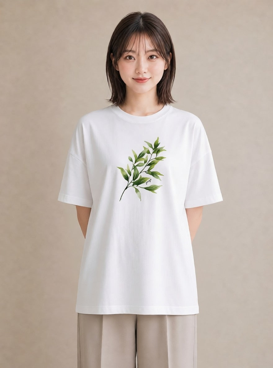 プリントTシャツ レディース 葉っぱ 植物 ボタニカル イラスト 抜け感 公園 ママ 白T