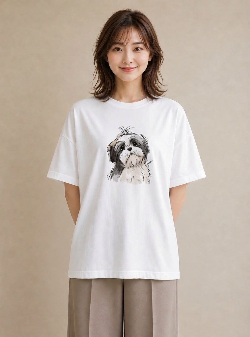 グラフィックTシャツ レディース ペキニーズ 犬 いぬ イラスト カフェコーデ ミセス 春コーデ 白T