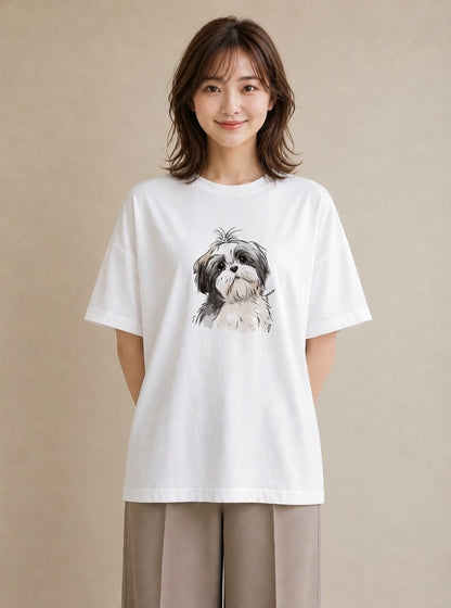 グラフィックTシャツ レディース ペキニーズ 犬 いぬ イラスト カフェコーデ ミセス 春コーデ 白T