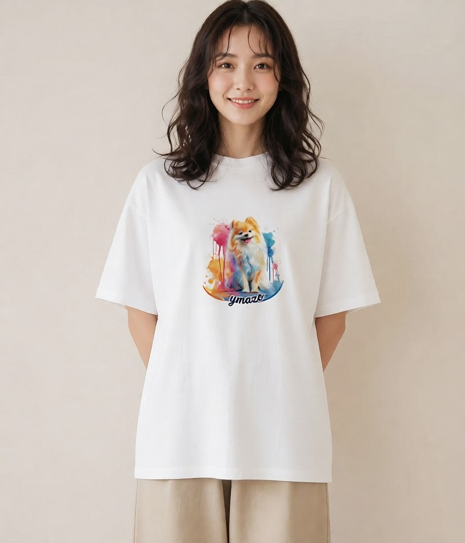 デザインTシャツ レディース ポメラニアン ポメ 犬 いぬ イラスト アート風 友達ギフト 部屋着 白T