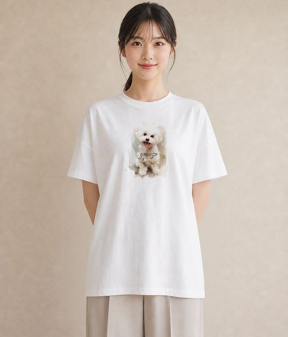 半袖Tシャツ レディース ビションフリーゼ 犬 いぬ イラスト 水彩風 公園 ママ 白T