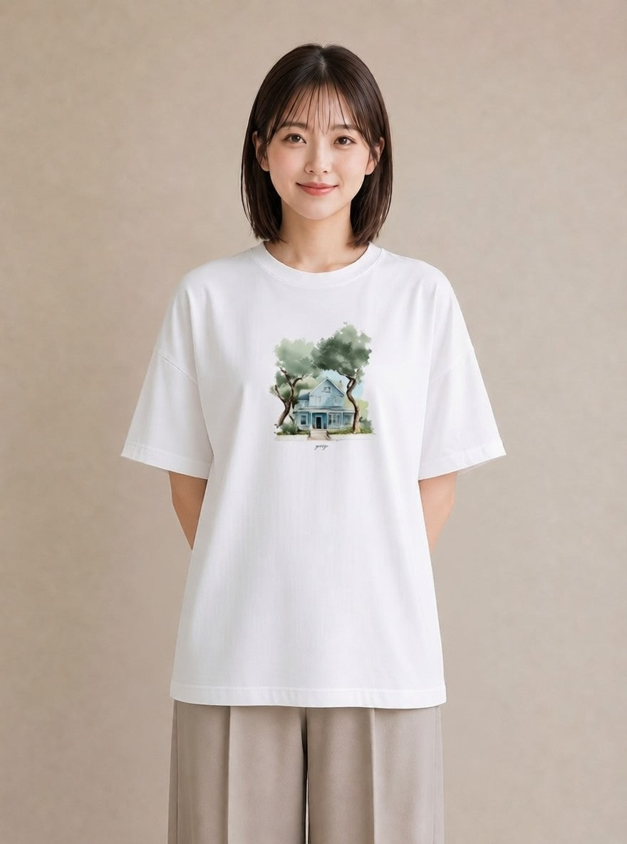 プリントTシャツ レディース 灯りの家 小屋 夜 ナチュラル アンティーク イラスト レイヤード 友達ギフト 白T