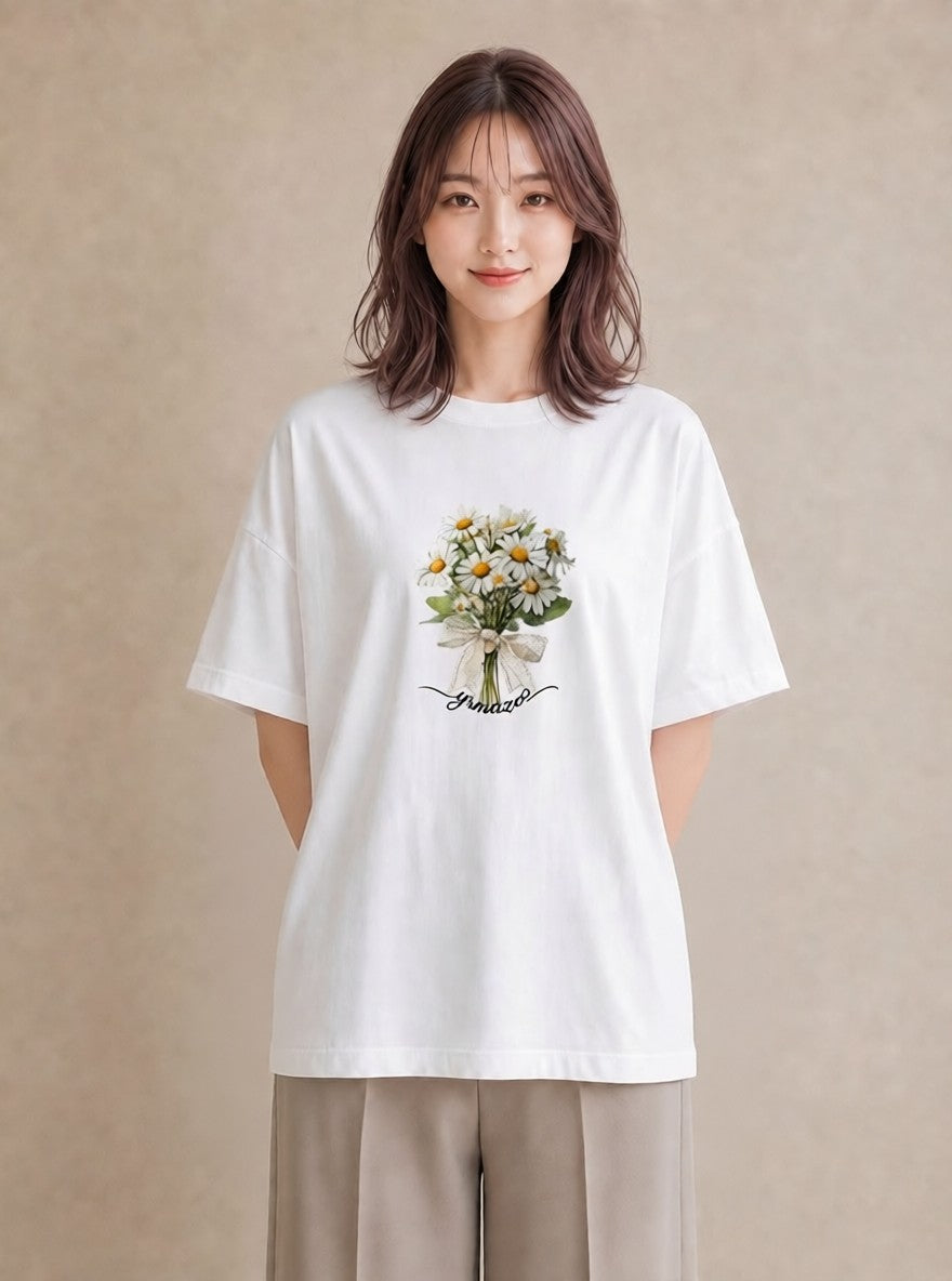 Tシャツ レディース マーガレット 花 花柄 イラスト きれいめ ギフト 母の日 白T