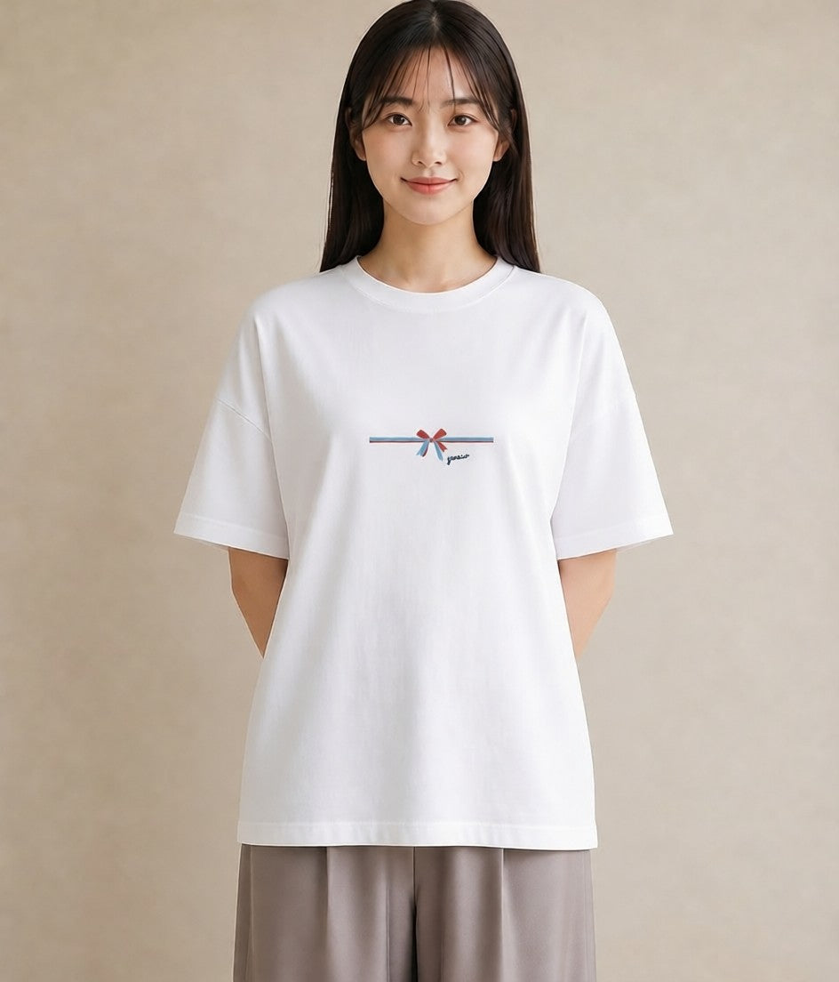 プリントTシャツ レディース リボン ボウ りぼん イラスト 普段使い 通勤 在宅 白T