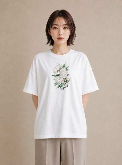 デザインTシャツ レディース 牡丹 花 花柄 イラスト 普段使い ペアコーデ 秋コーデ 白T