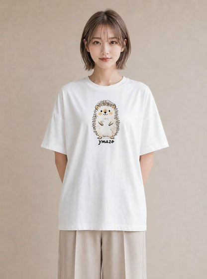 半袖Tシャツ レディース ハリネズミ ペット 動物 イラスト カジュアル 友達ギフト 部屋着 白T