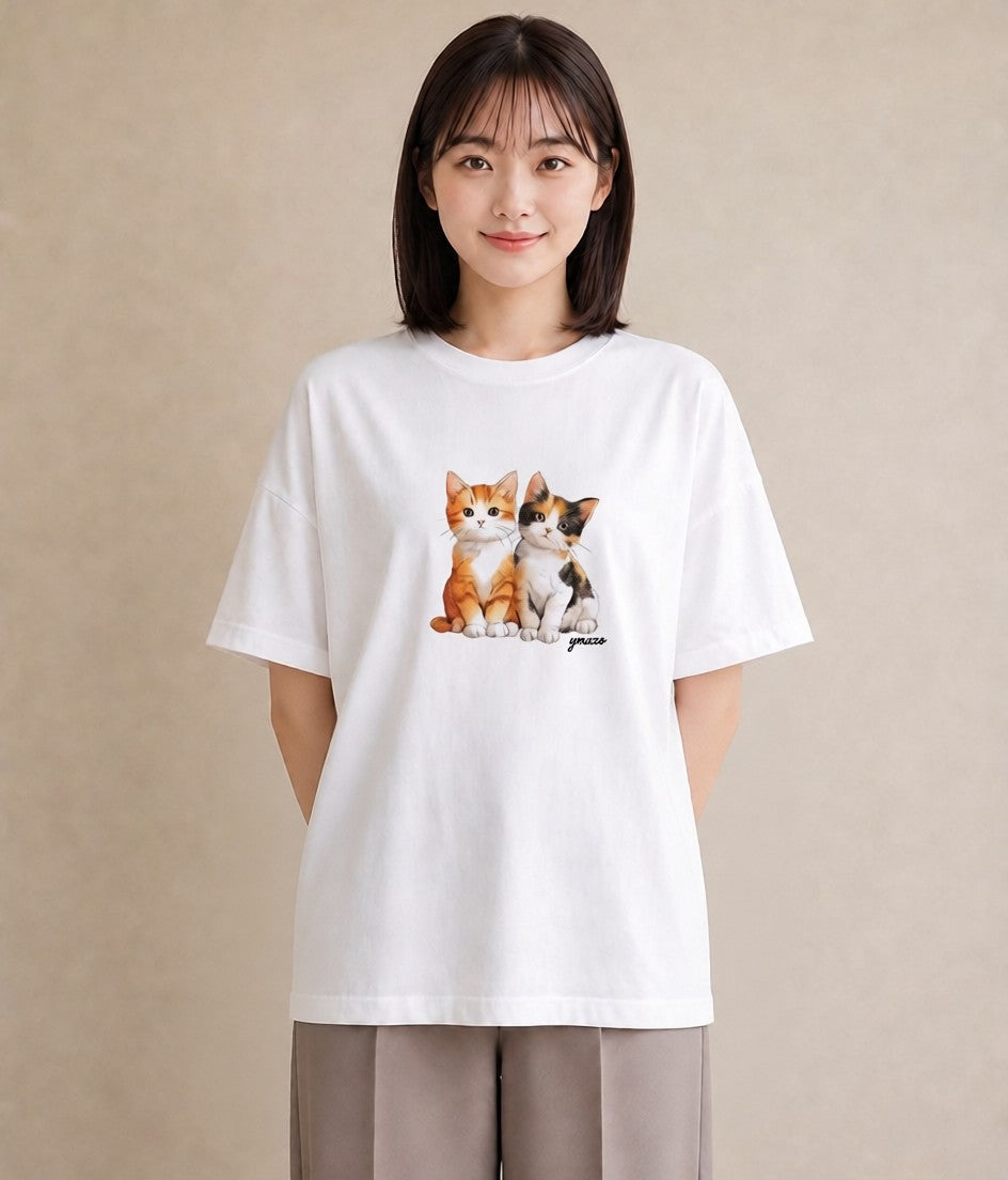 半袖Tシャツ レディース 子猫 猫 ねこ イラスト ガーリー 通勤 在宅 白T